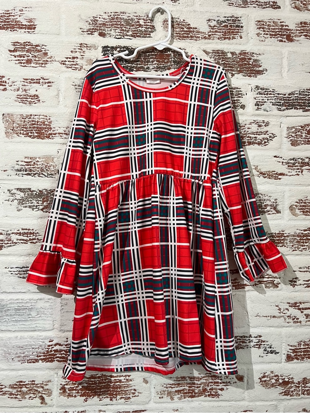 Girls Plaid Dress Ruffle Bell Sleeve Holiday Festive Christmas Size 3XL